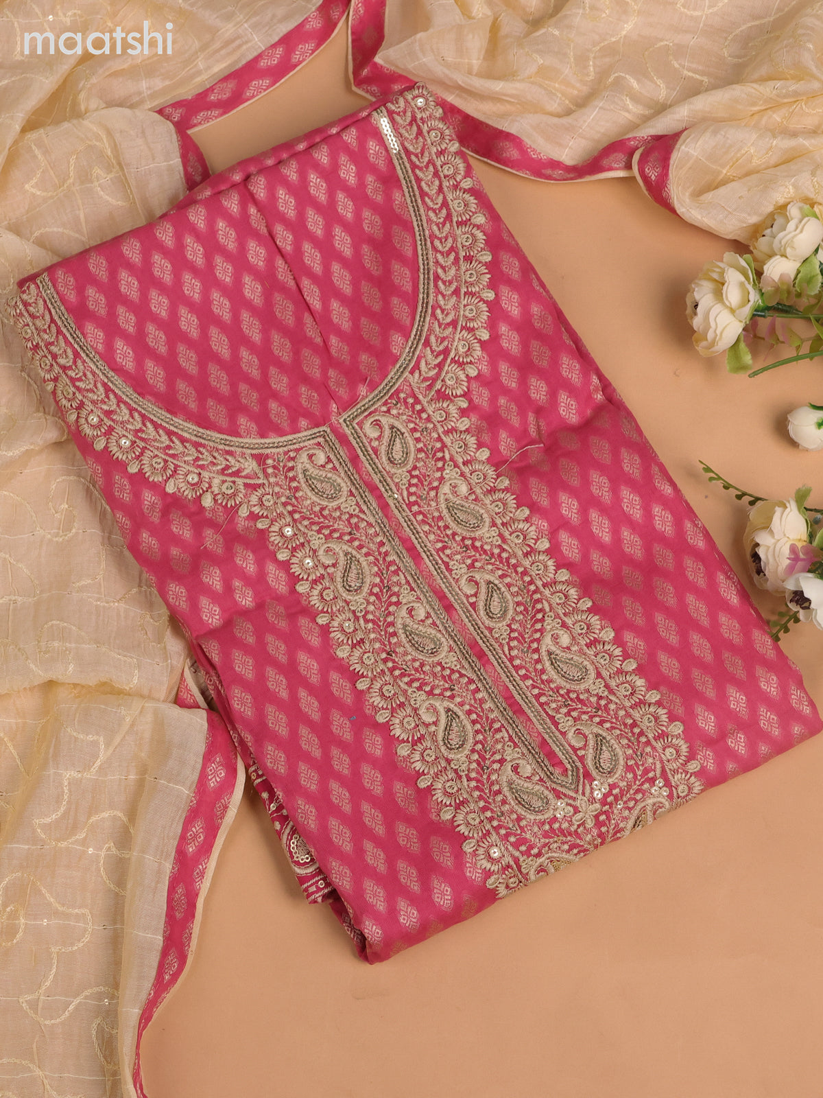 Cotton dress material pink and cream with allover thread buttas & sequin embroidery work neck pattern and bottom & dupatta