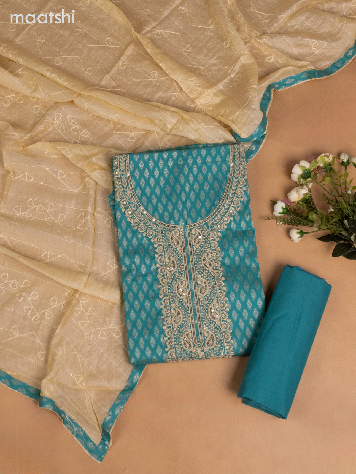 Cotton dress material teal blue and cream with allover thread buttas & sequin embroidery work neck pattern and bottom & dupatta