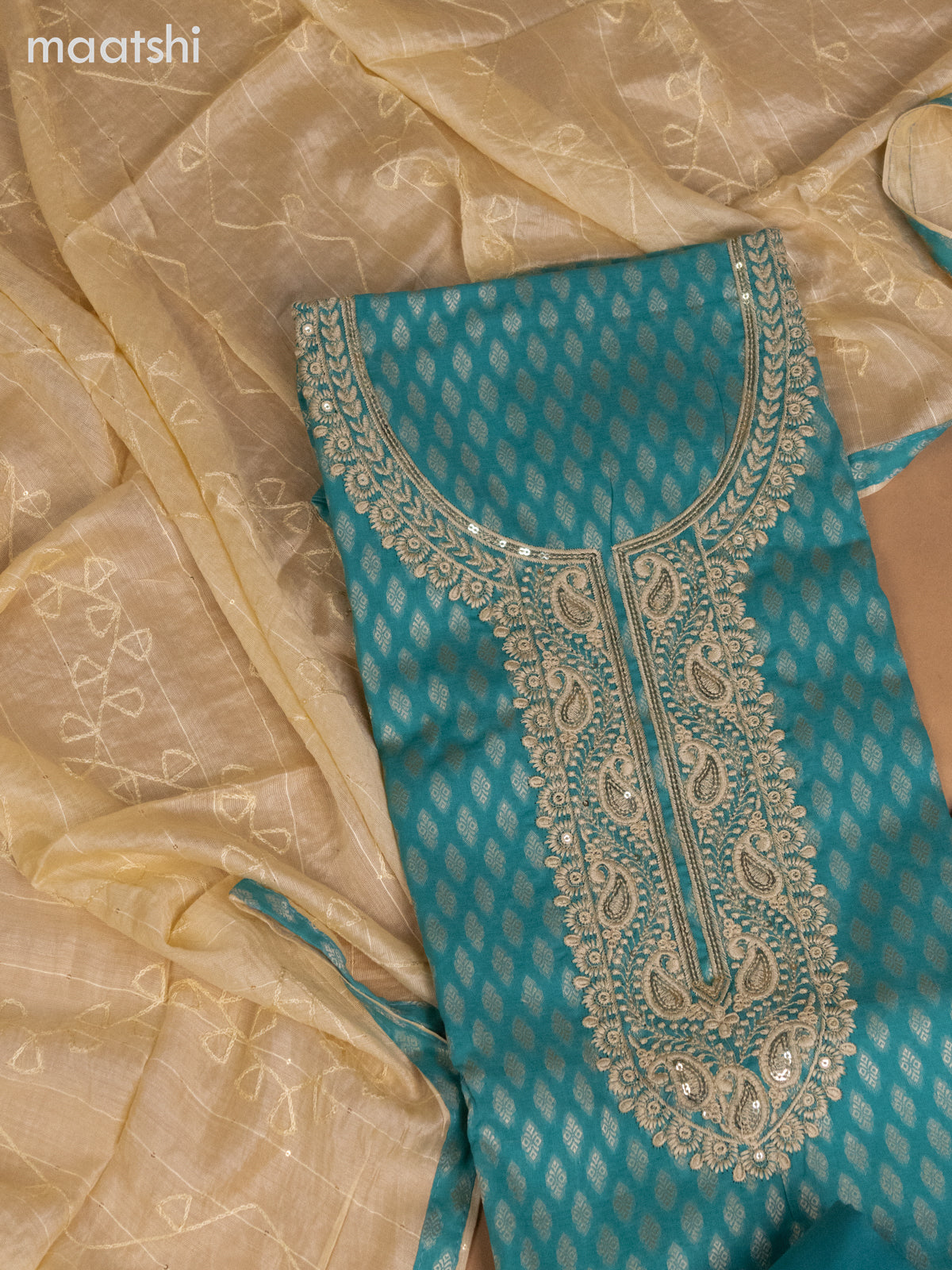 Cotton dress material teal blue and cream with allover thread buttas & sequin embroidery work neck pattern and bottom & dupatta