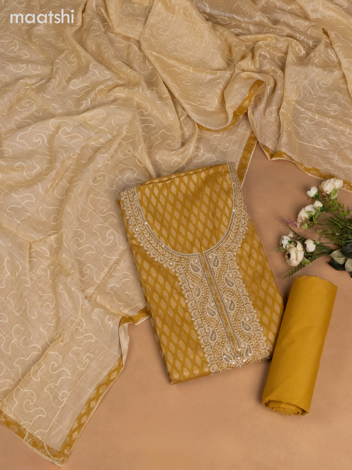 Cotton dress material mustard yellow and cream with allover thread buttas & sequin embroidery work neck pattern and bottom & dupatta