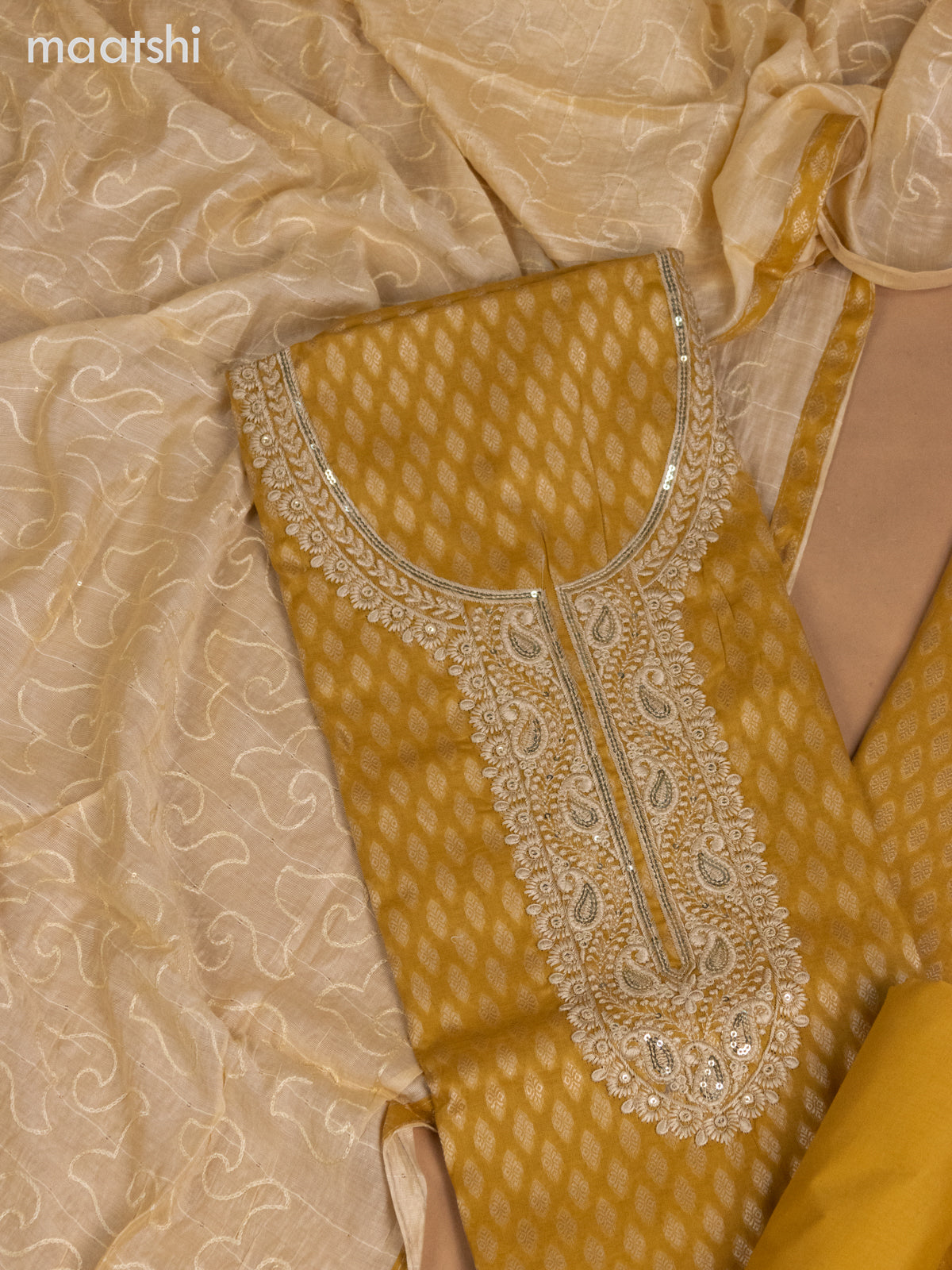 Cotton dress material mustard yellow and cream with allover thread buttas & sequin embroidery work neck pattern and bottom & dupatta