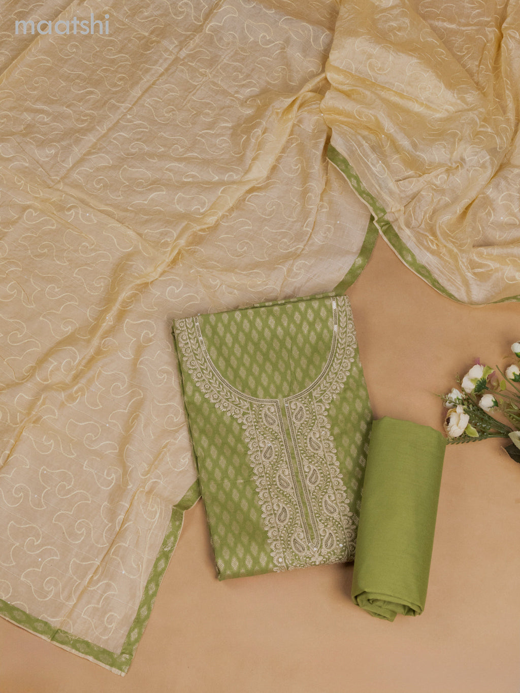 Cotton dress material pastel green and cream with allover thread buttas & sequin embroidery work neck pattern and bottom & dupatta
