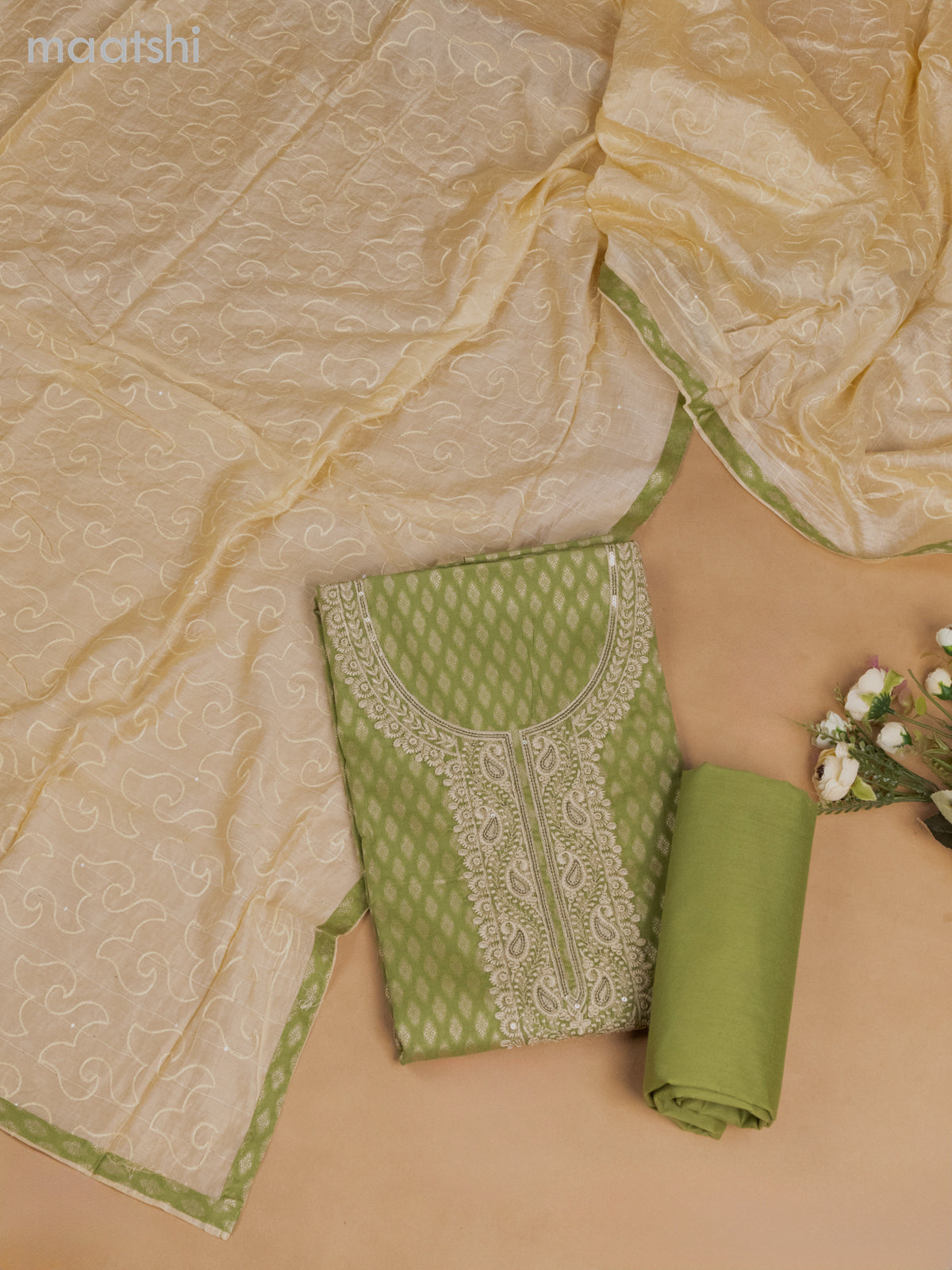 Cotton dress material pastel green and cream with allover thread buttas & sequin embroidery work neck pattern and bottom & dupatta
