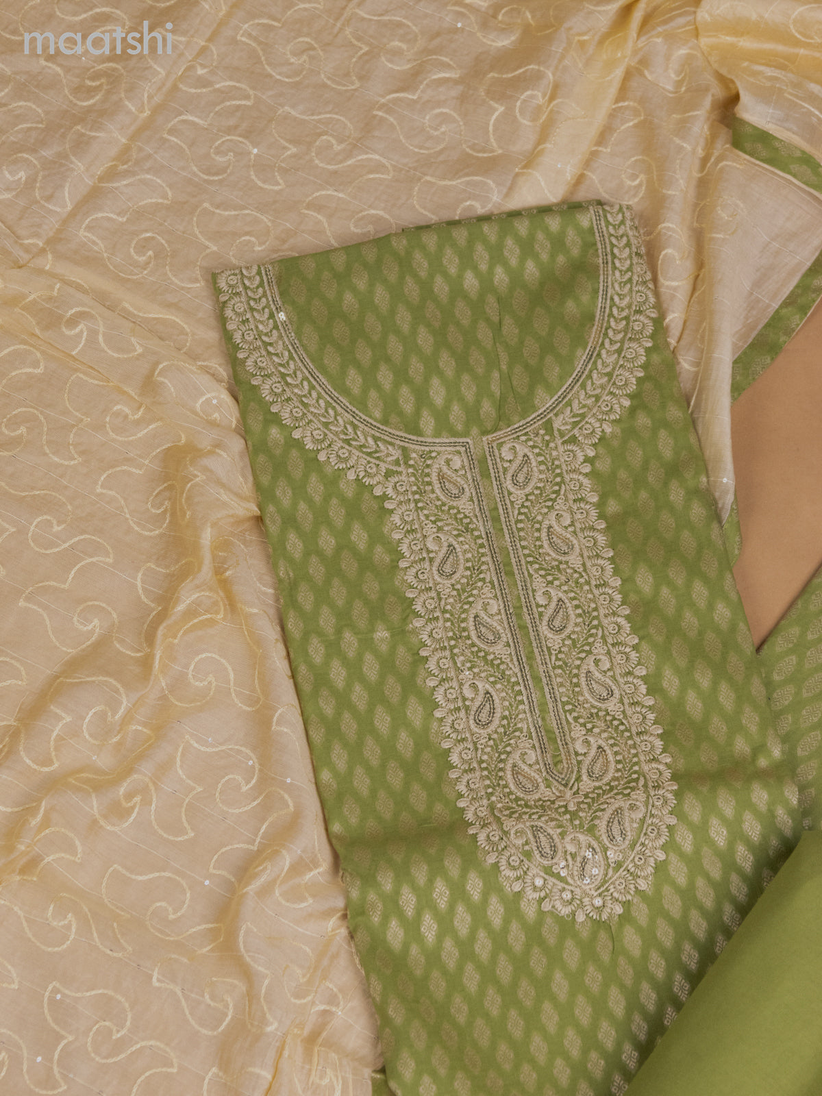 Cotton dress material pastel green and cream with allover thread buttas & sequin embroidery work neck pattern and bottom & dupatta