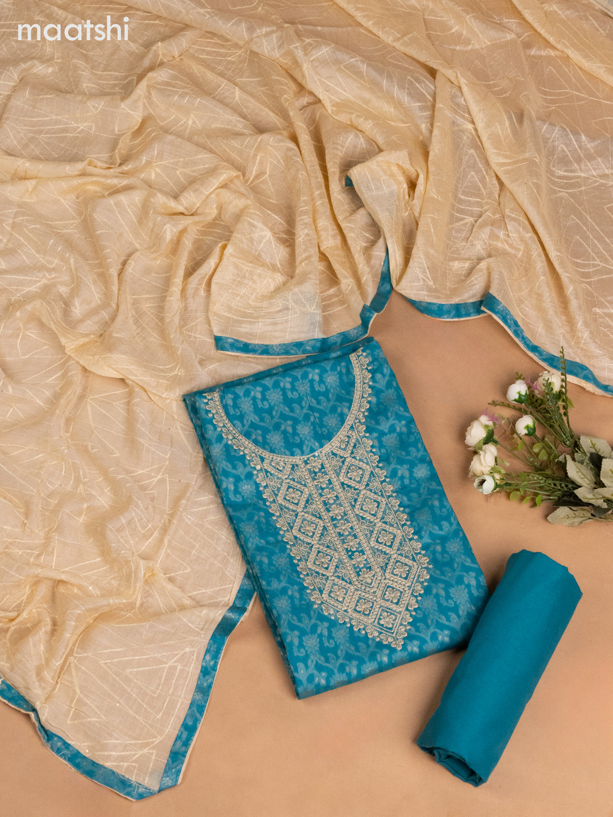 Cotton dress material teal blue and cream with allover thread weaves & sequin embroidery work neck pattern and bottom & dupatta