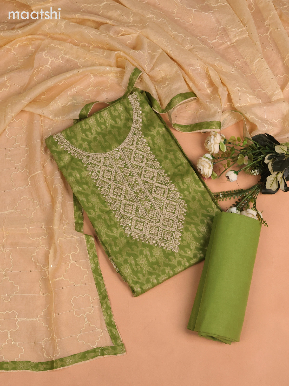Cotton dress material green shade and cream with allover thread weaves & sequin embroidery work neck pattern and bottom & dupatta