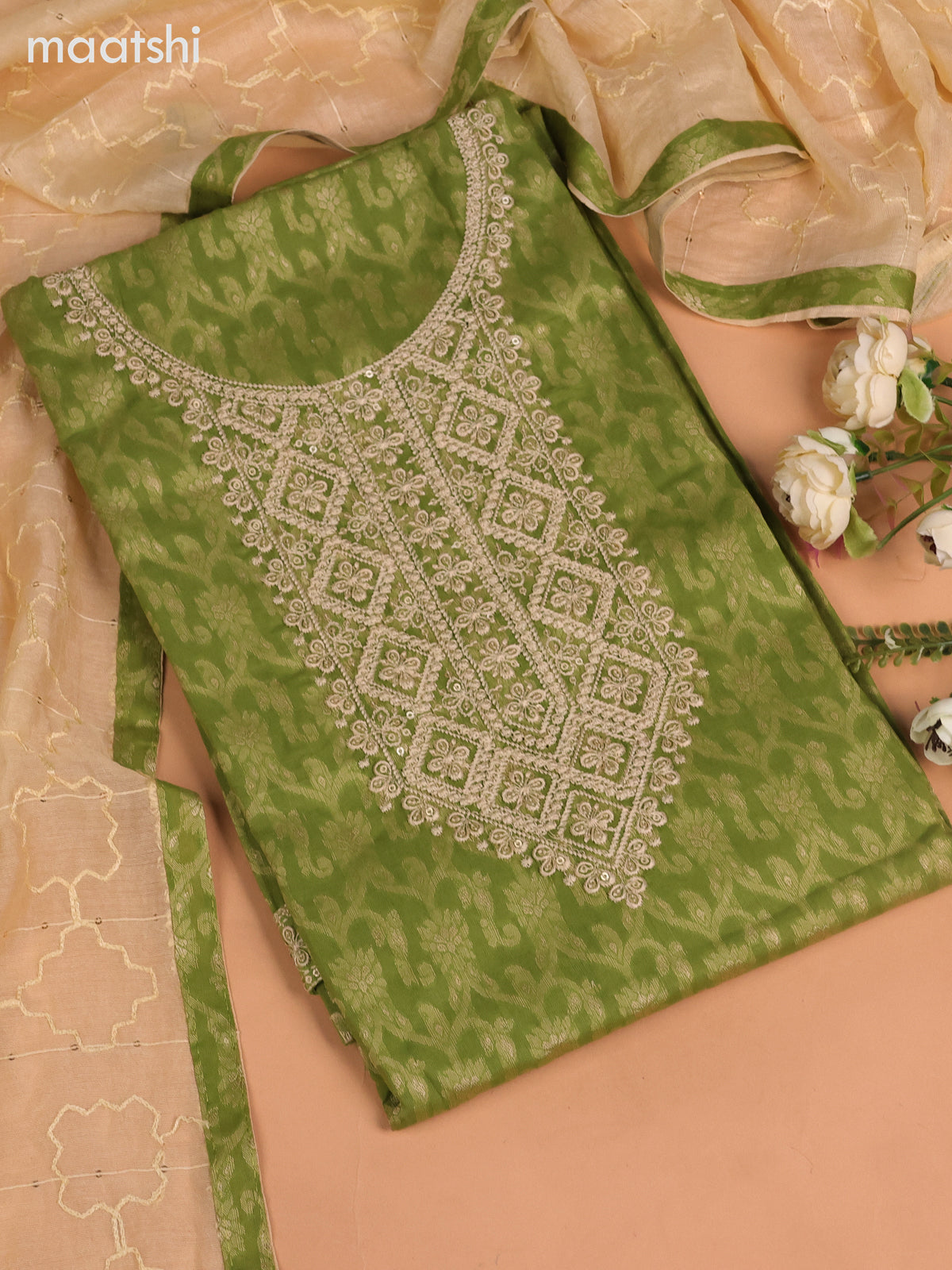 Cotton dress material green shade and cream with allover thread weaves & sequin embroidery work neck pattern and bottom & dupatta