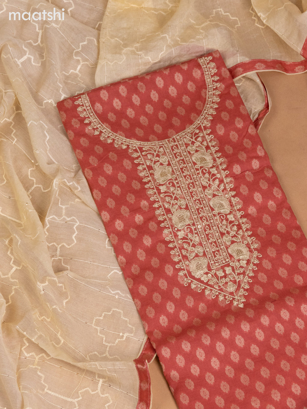 Cotton dress material dark peach and cream with allover buttas & sequin embroidery work neck pattern and bottom & dupatta