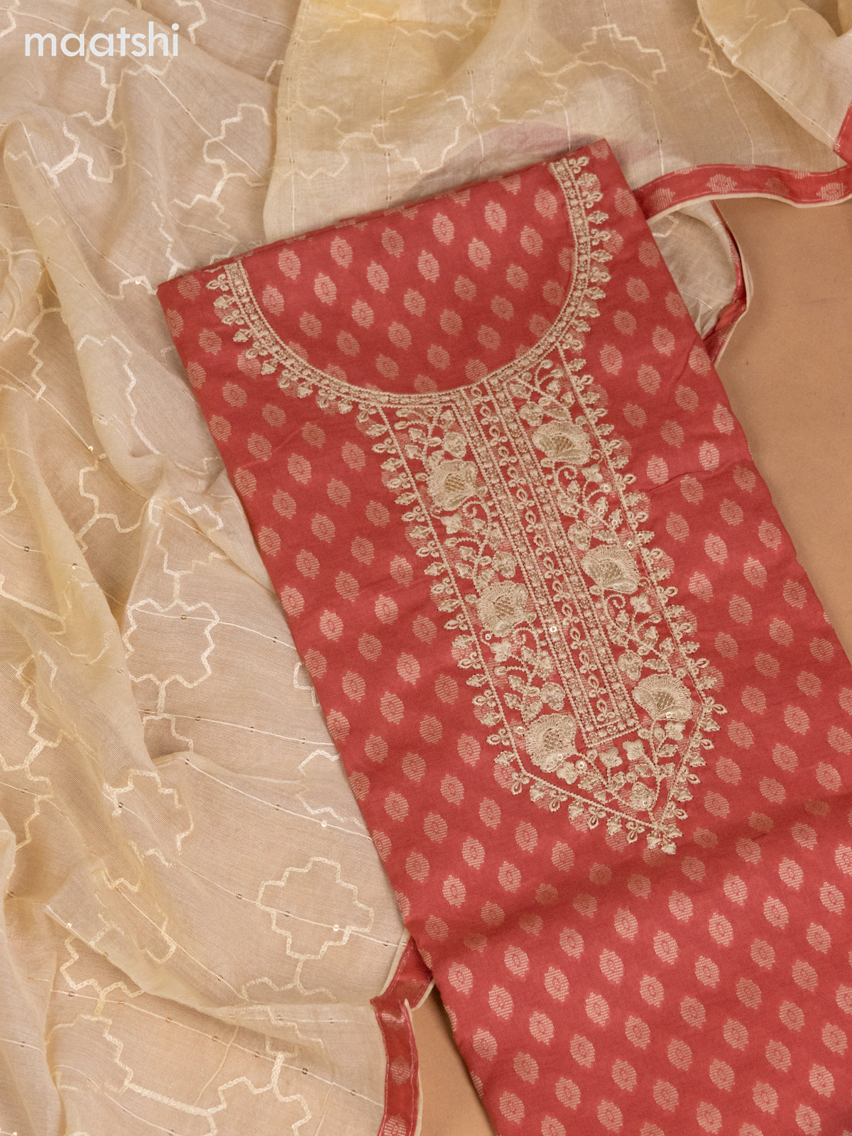 Cotton dress material dark peach and cream with allover buttas & sequin embroidery work neck pattern and bottom & dupatta