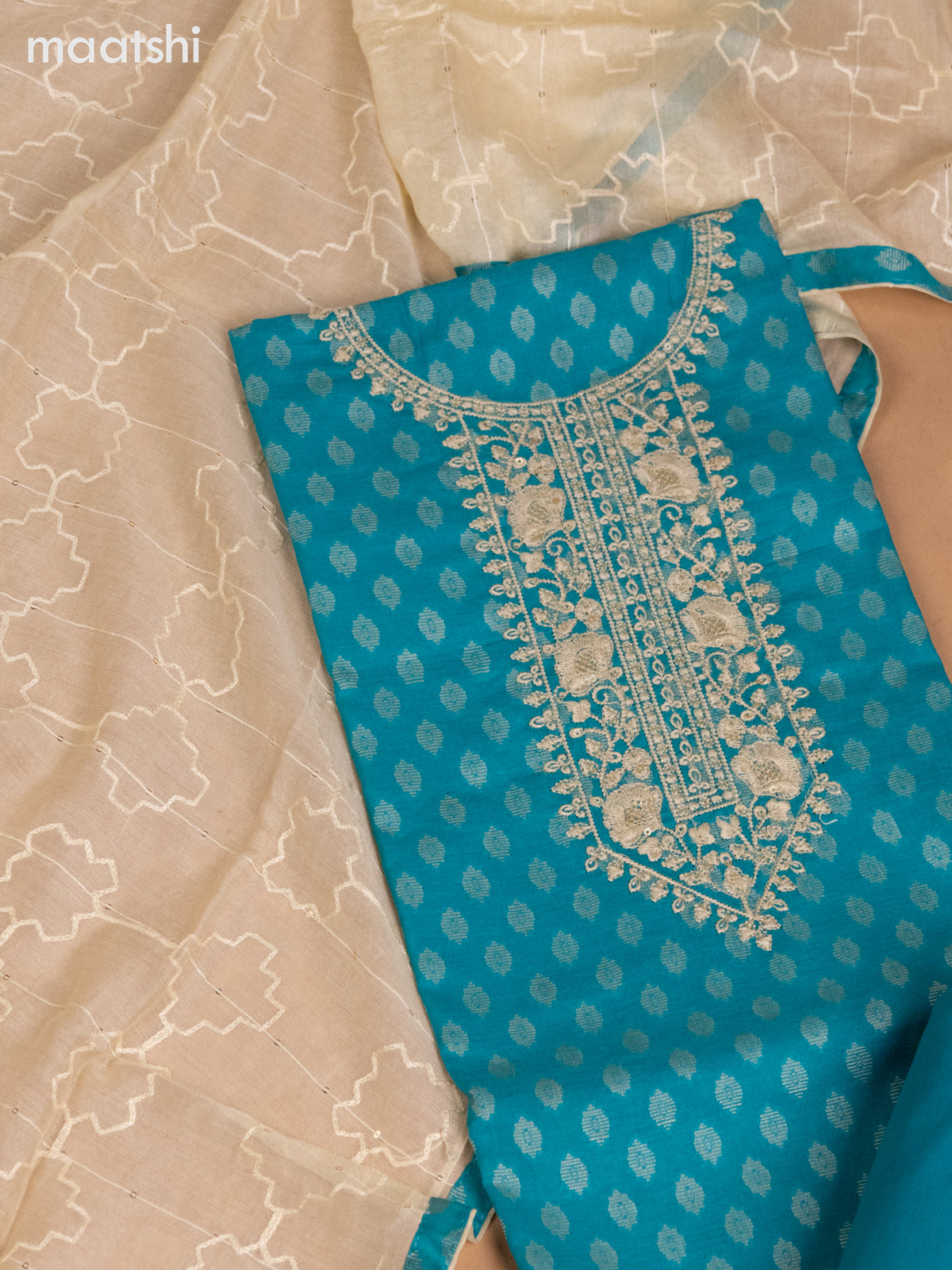 Cotton dress material teal blue and cream with allover buttas & sequin embroidery work neck pattern and bottom & dupatta
