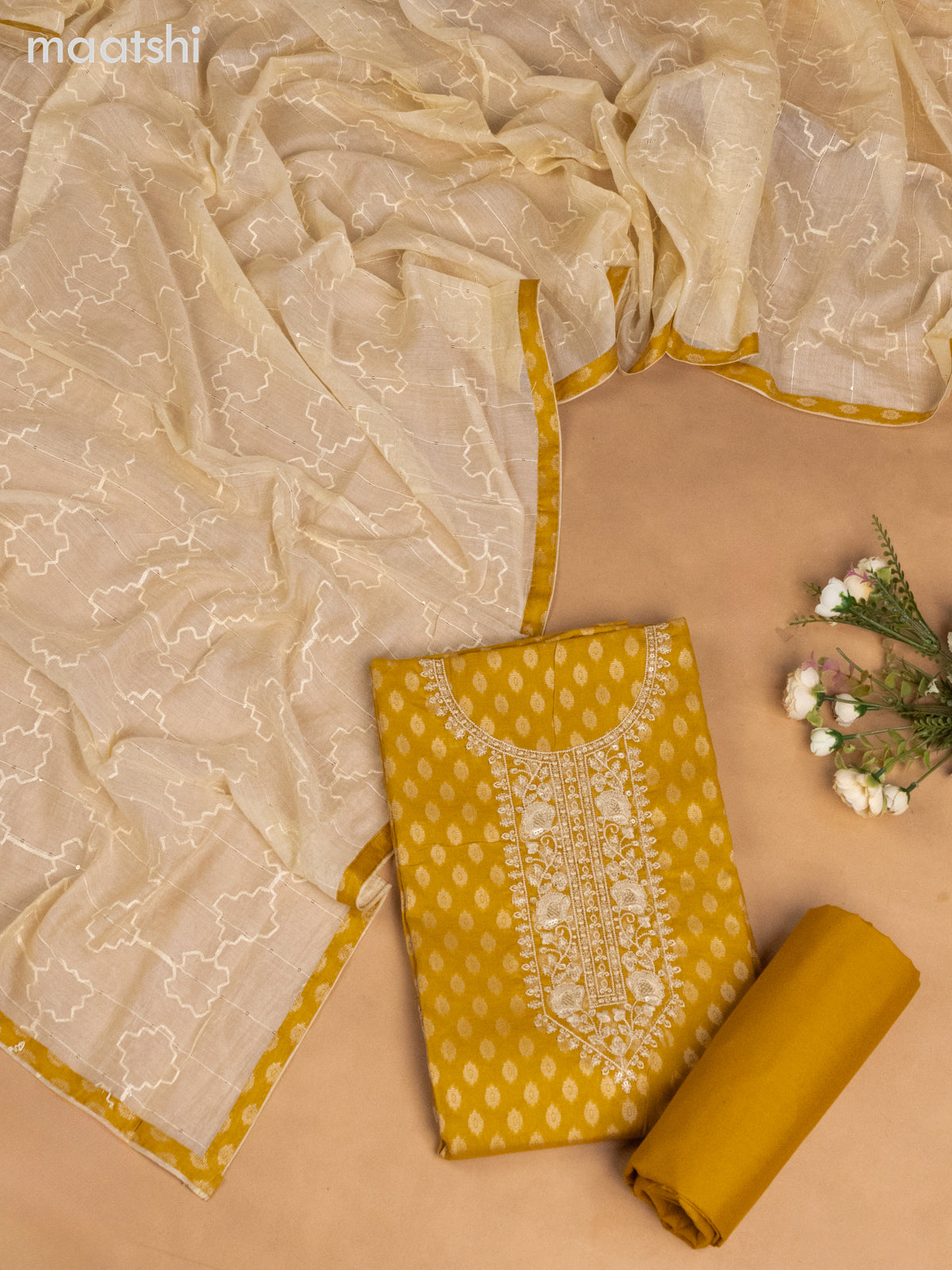Cotton dress material mustard yellow and cream with allover buttas & sequin embroidery work neck pattern and bottom & dupatta