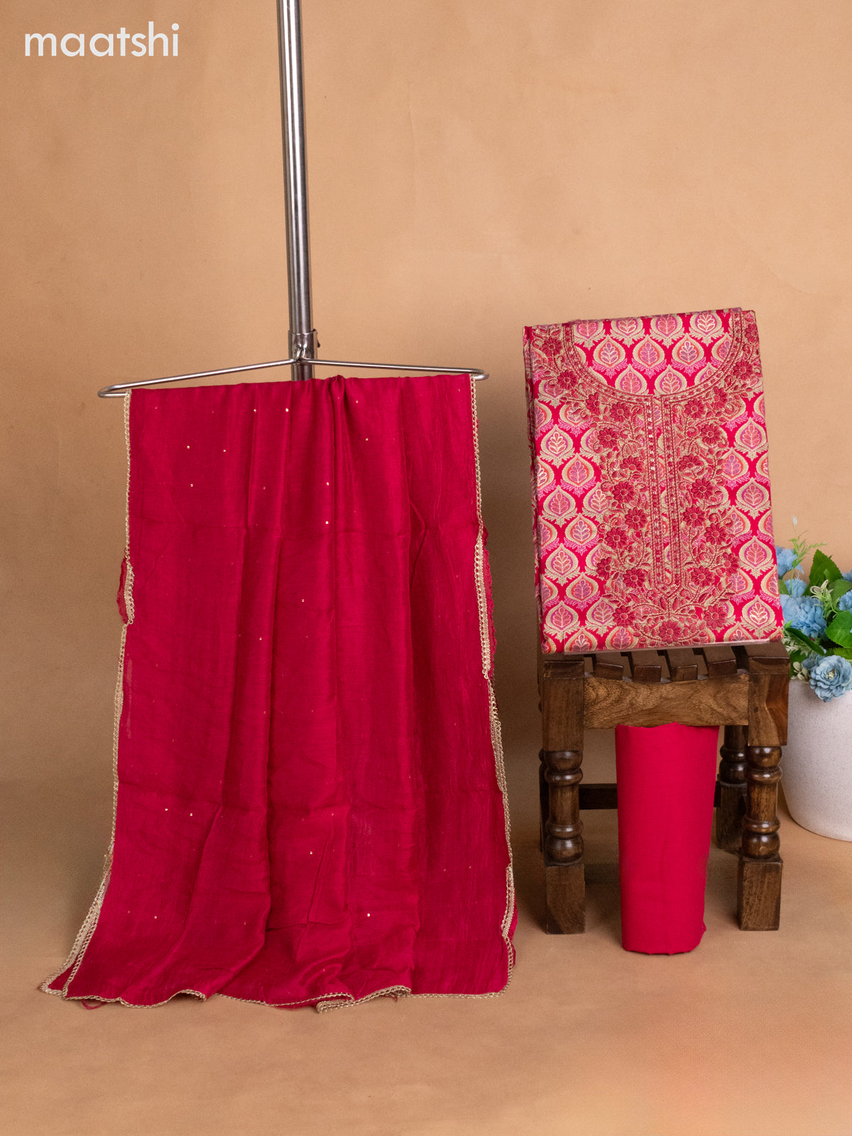 Cotton dress material pink with allover prints & sequin embroidery work neck pattern and bottom & dupatta