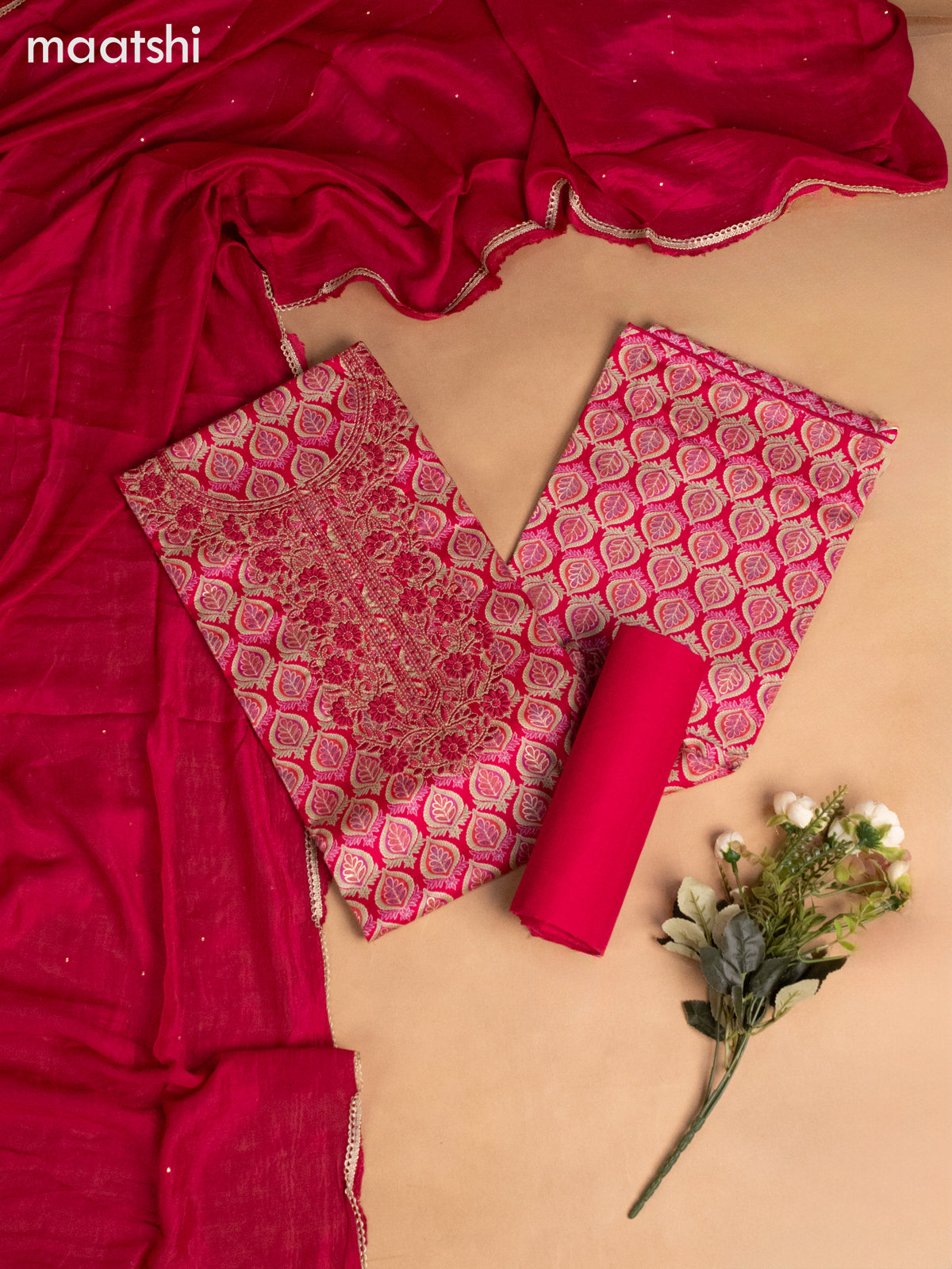 Cotton dress material pink with allover prints & sequin embroidery work neck pattern and bottom & dupatta