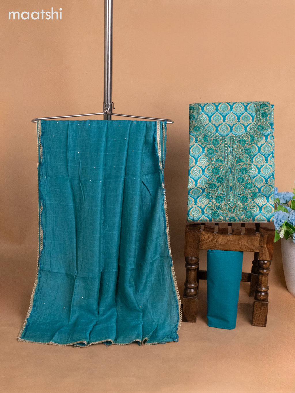 Cotton dress material teal blue with allover prints & sequin embroidery work neck pattern and bottom & dupatta