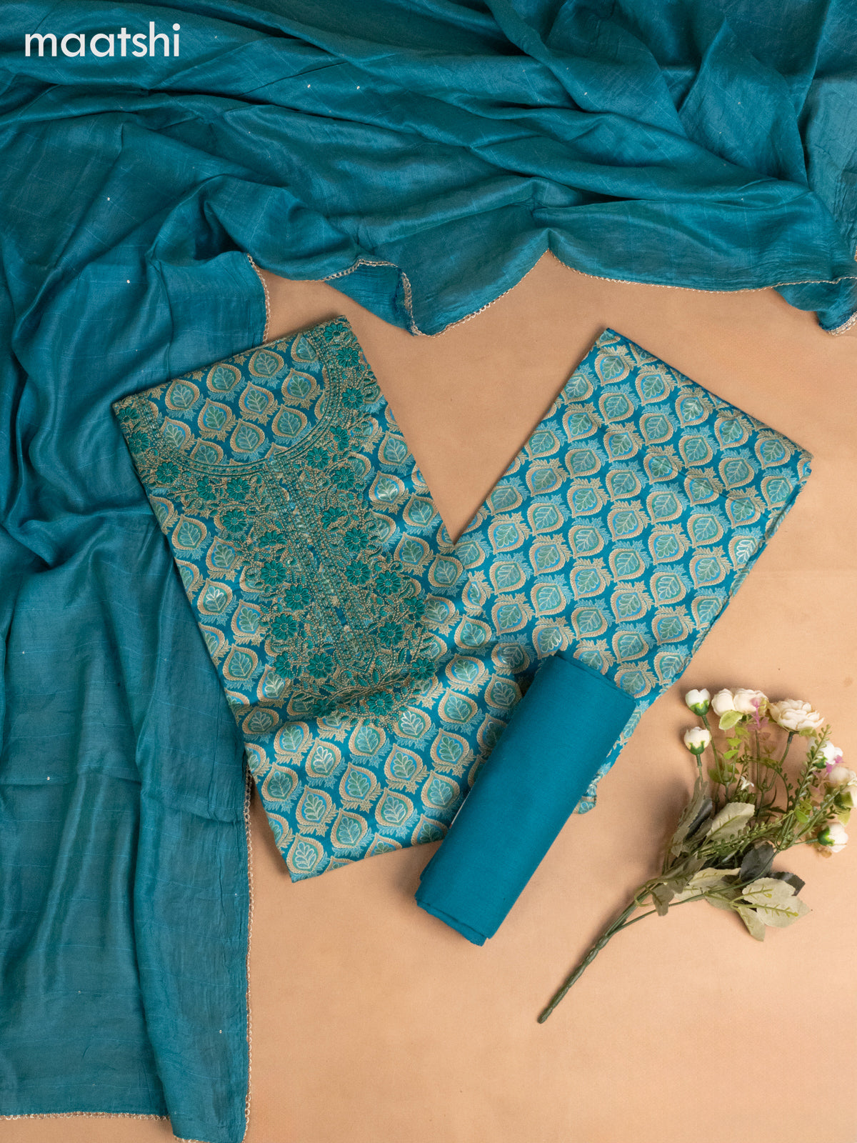 Cotton dress material teal blue with allover prints & sequin embroidery work neck pattern and bottom & dupatta