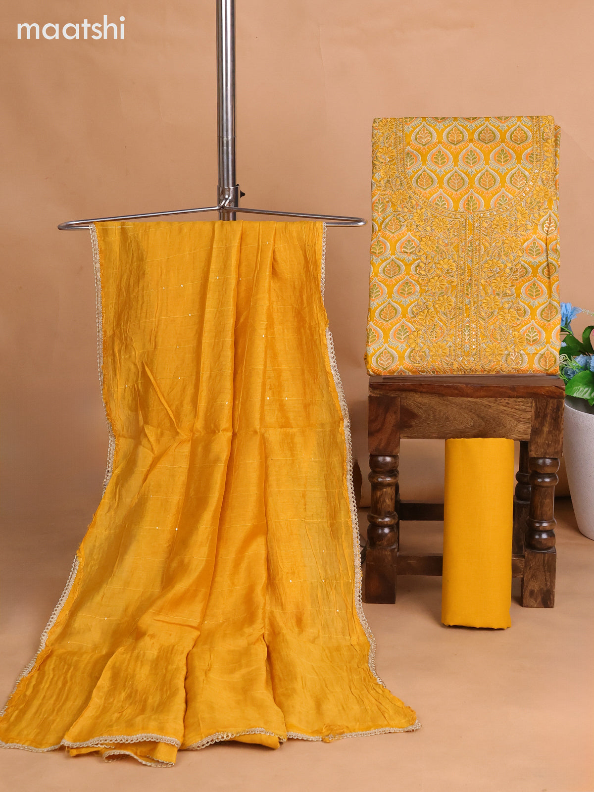 Cotton dress material mustard yellow with allover prints & sequin embroidery work neck pattern and bottom & dupatta