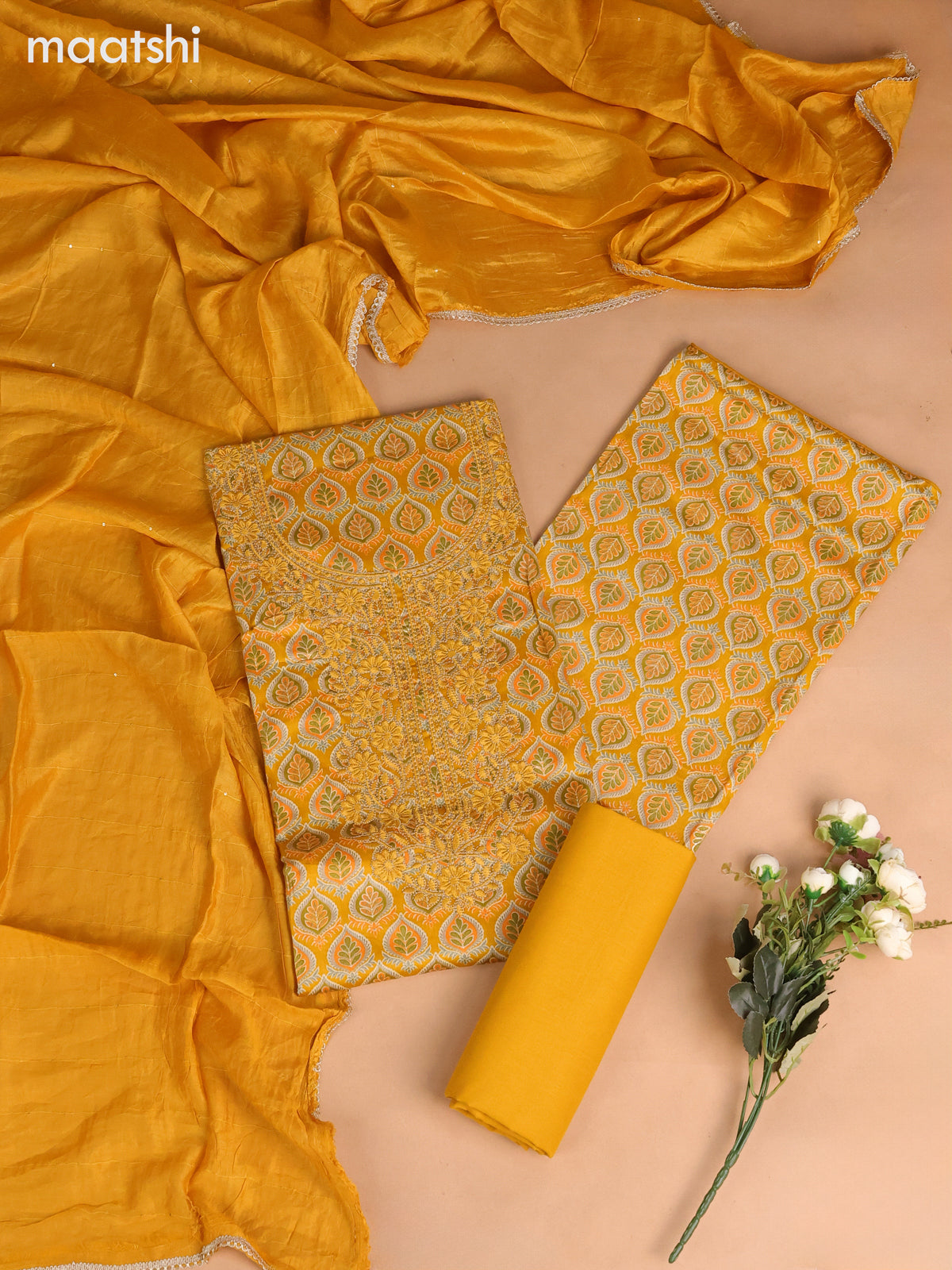 Cotton dress material mustard yellow with allover prints & sequin embroidery work neck pattern and bottom & dupatta