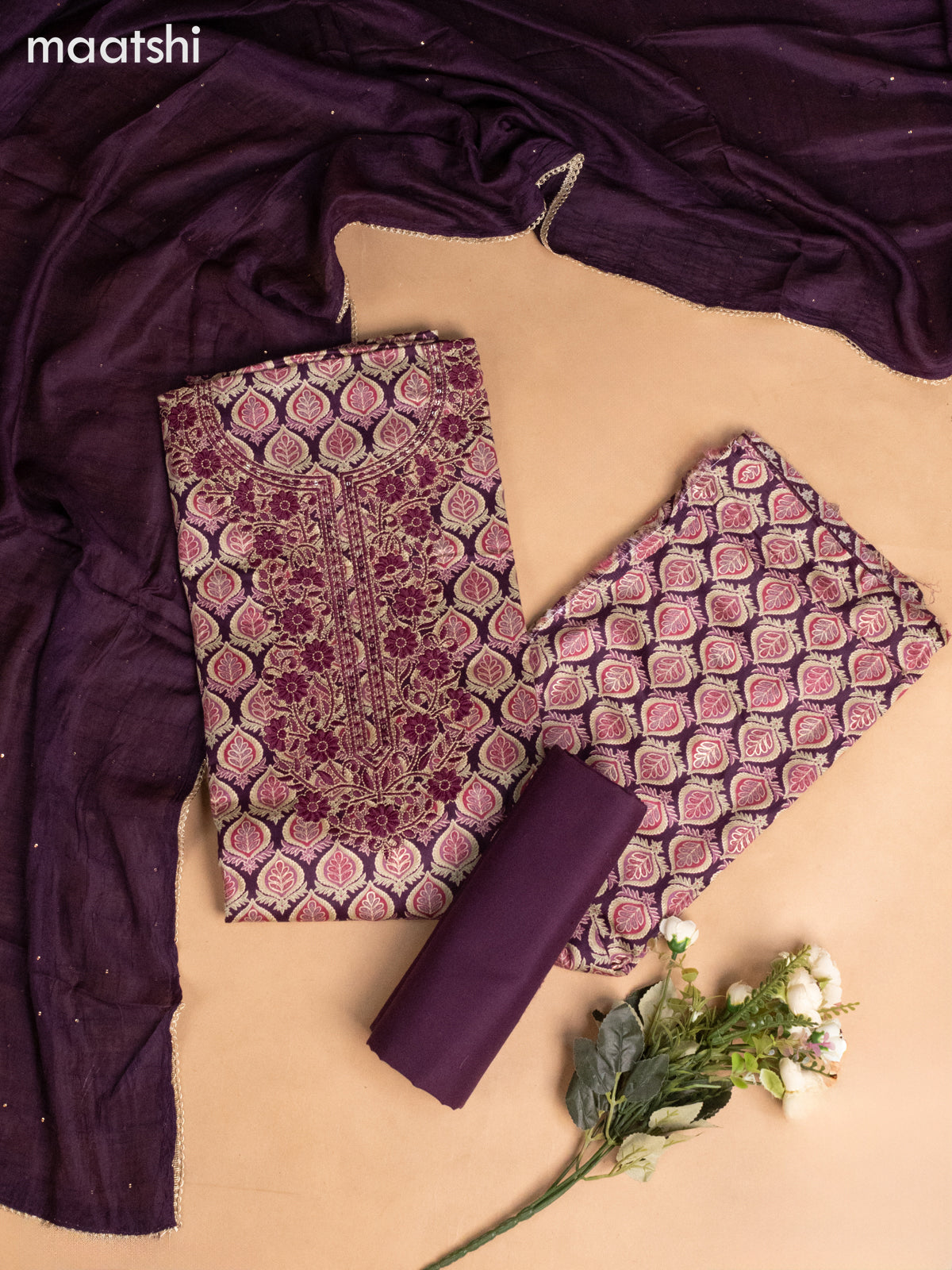 Cotton dress material wine shade with allover prints & sequin embroidery work neck pattern and bottom & dupatta