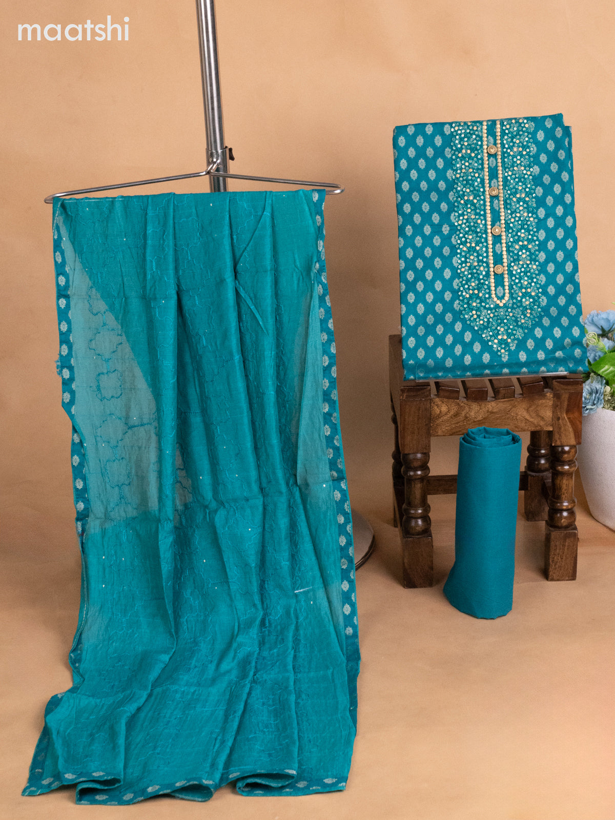 Cotton dress material teal blue with allover thread buttas & sequin embroidery work neck pattern and bottom & dupatta