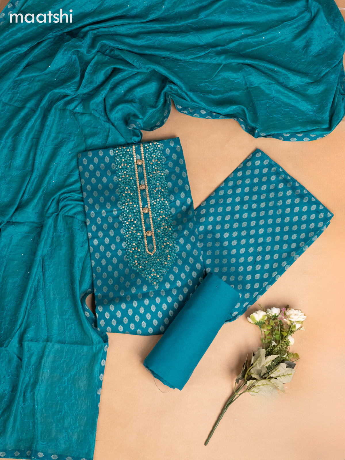 Cotton dress material teal blue with allover thread buttas & sequin embroidery work neck pattern and bottom & dupatta