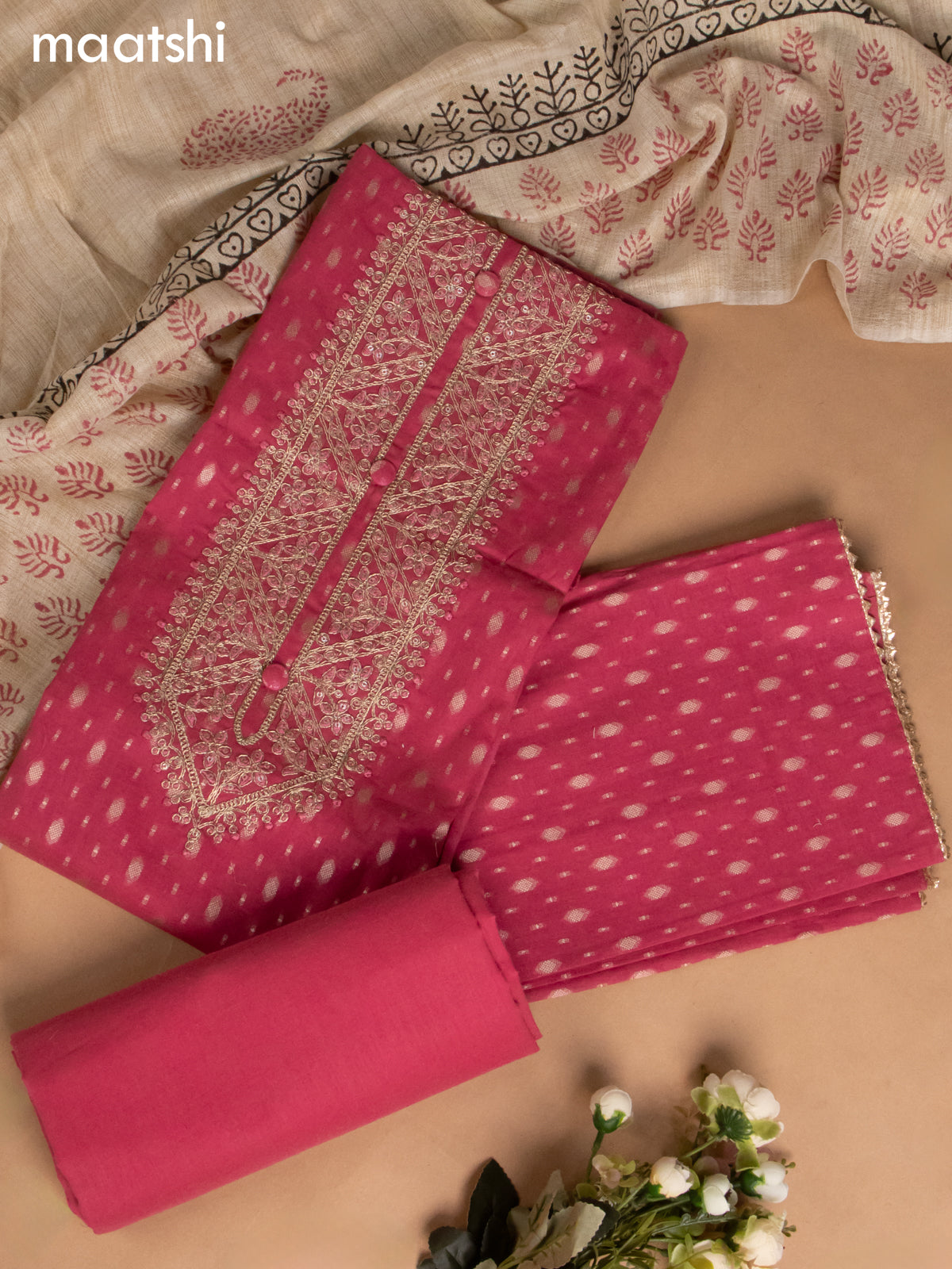 Cotton dress material peach pink and beige with allover thread buttas & sequin embroidery work neck pattern and bottom & dupatta