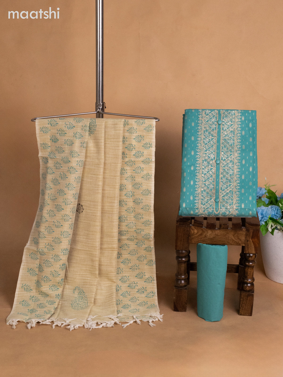 Cotton dress material teal shade and beige with allover thread buttas & sequin embroidery work neck pattern and bottom & dupatta