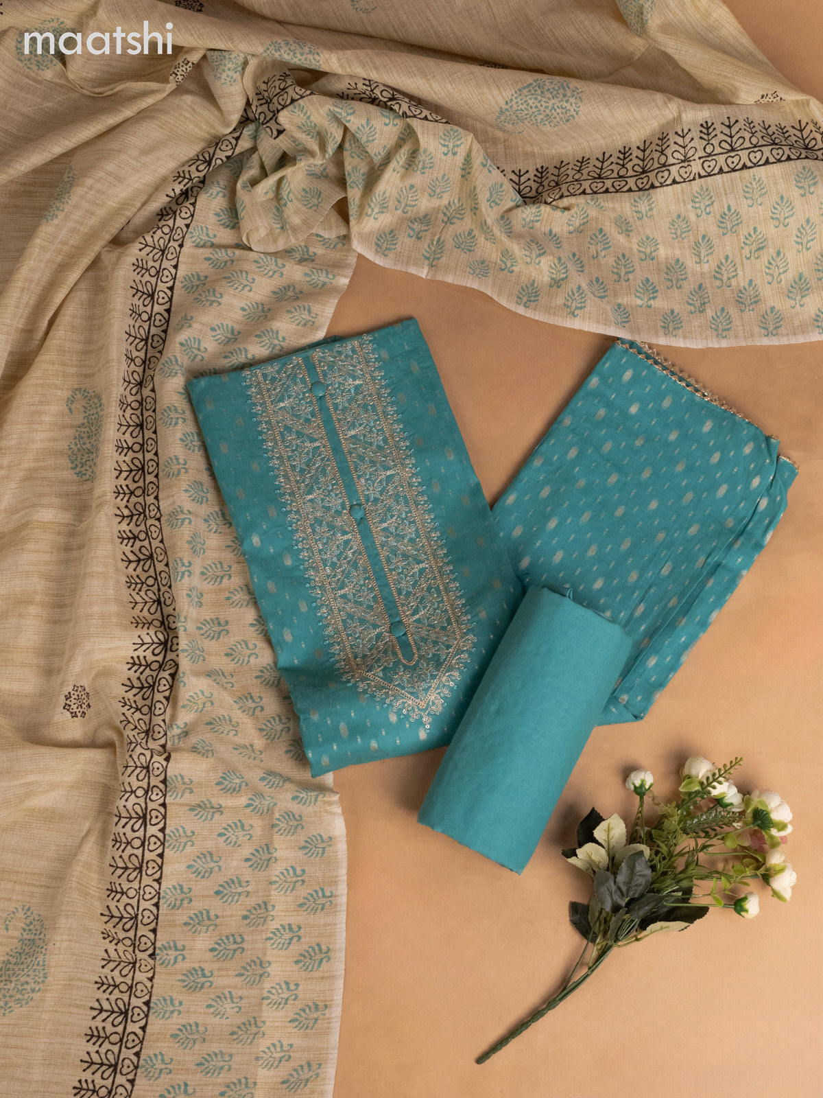 Cotton dress material teal shade and beige with allover thread buttas & sequin embroidery work neck pattern and bottom & dupatta