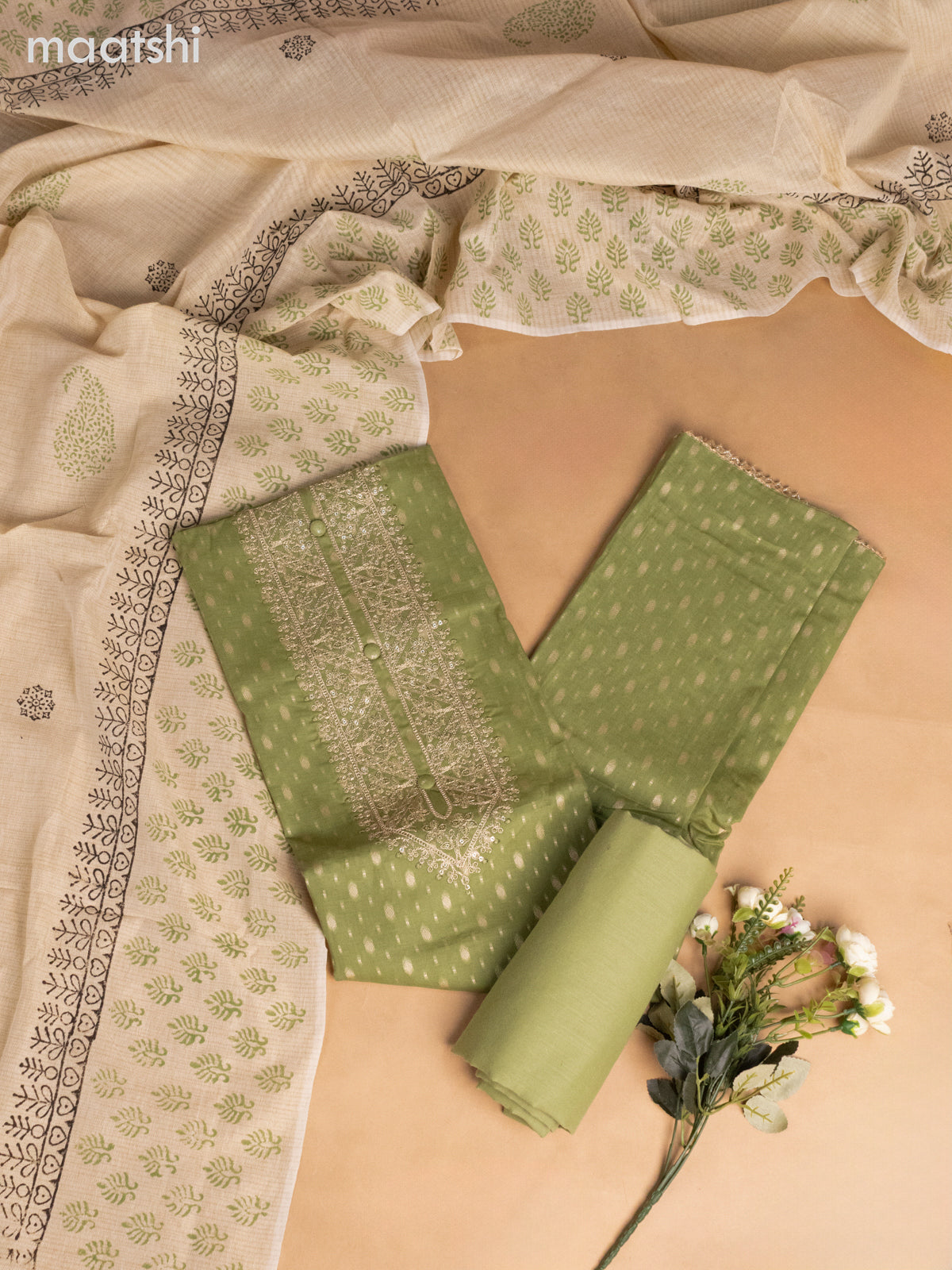 Cotton dress material pastel green and beige with allover thread buttas & sequin embroidery work neck pattern and bottom & dupatta