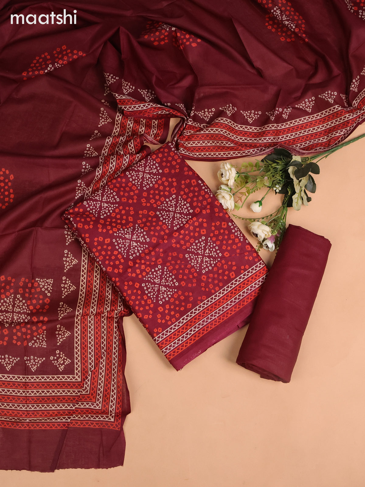 Cotton dress material deep maroon with allover bandhini prints and bottom & dupatta