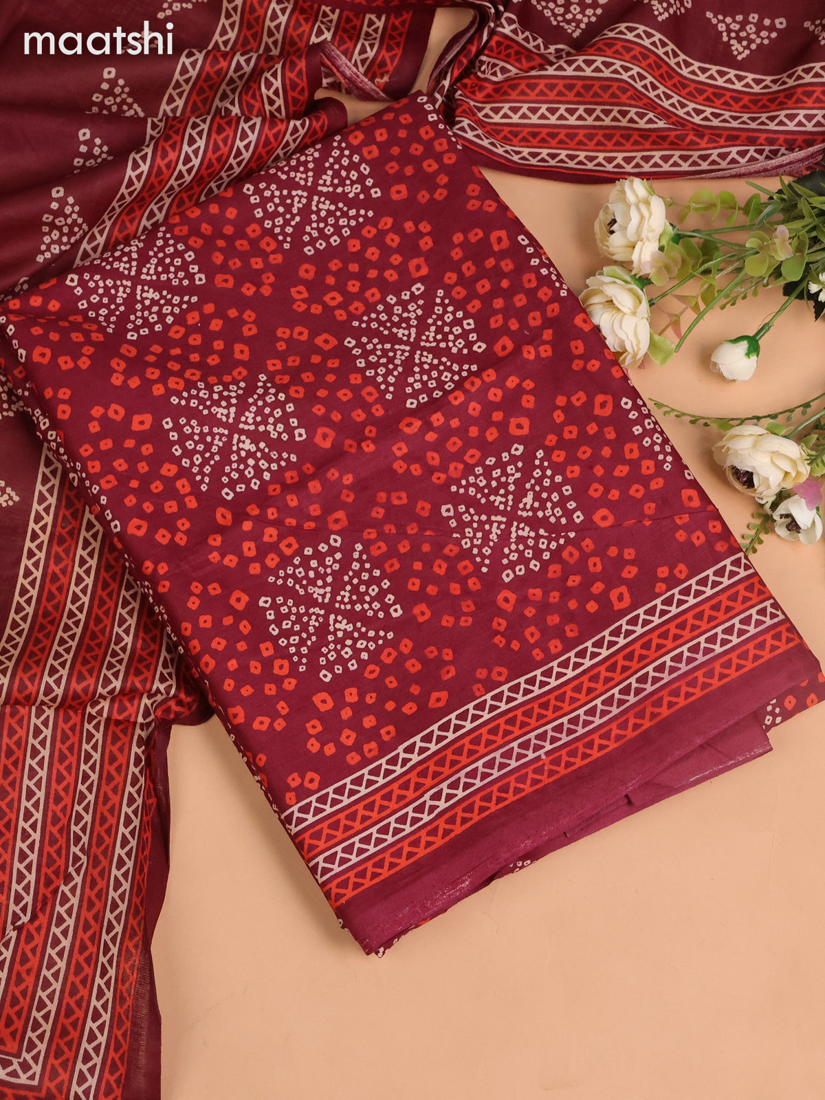Cotton dress material deep maroon with allover bandhini prints and bottom & dupatta