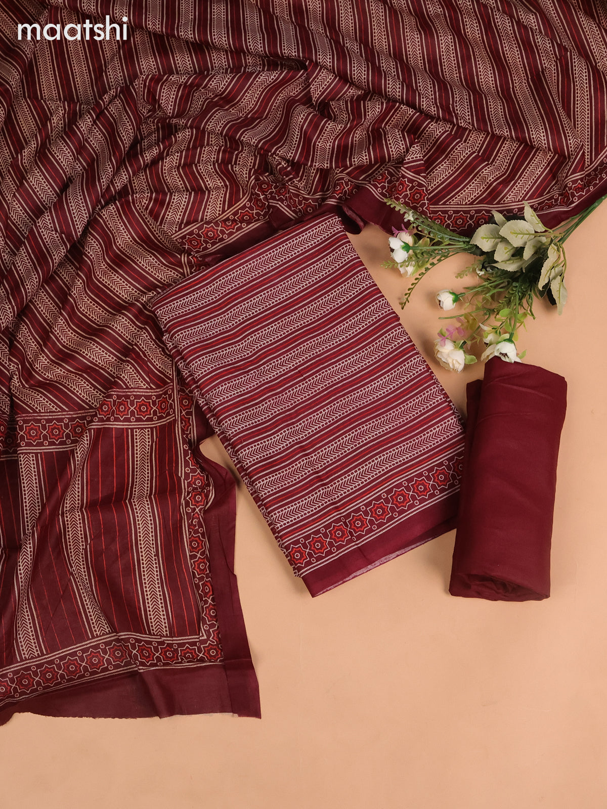 Cotton dress material deep maroon with allover prints and bottom & dupatta