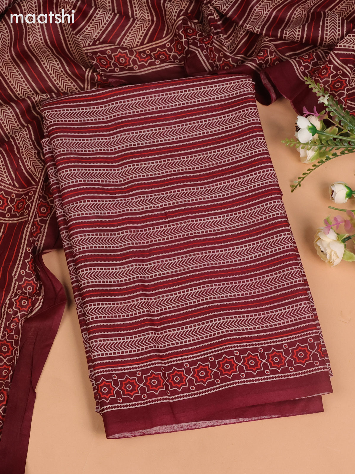 Cotton dress material deep maroon with allover prints and bottom & dupatta