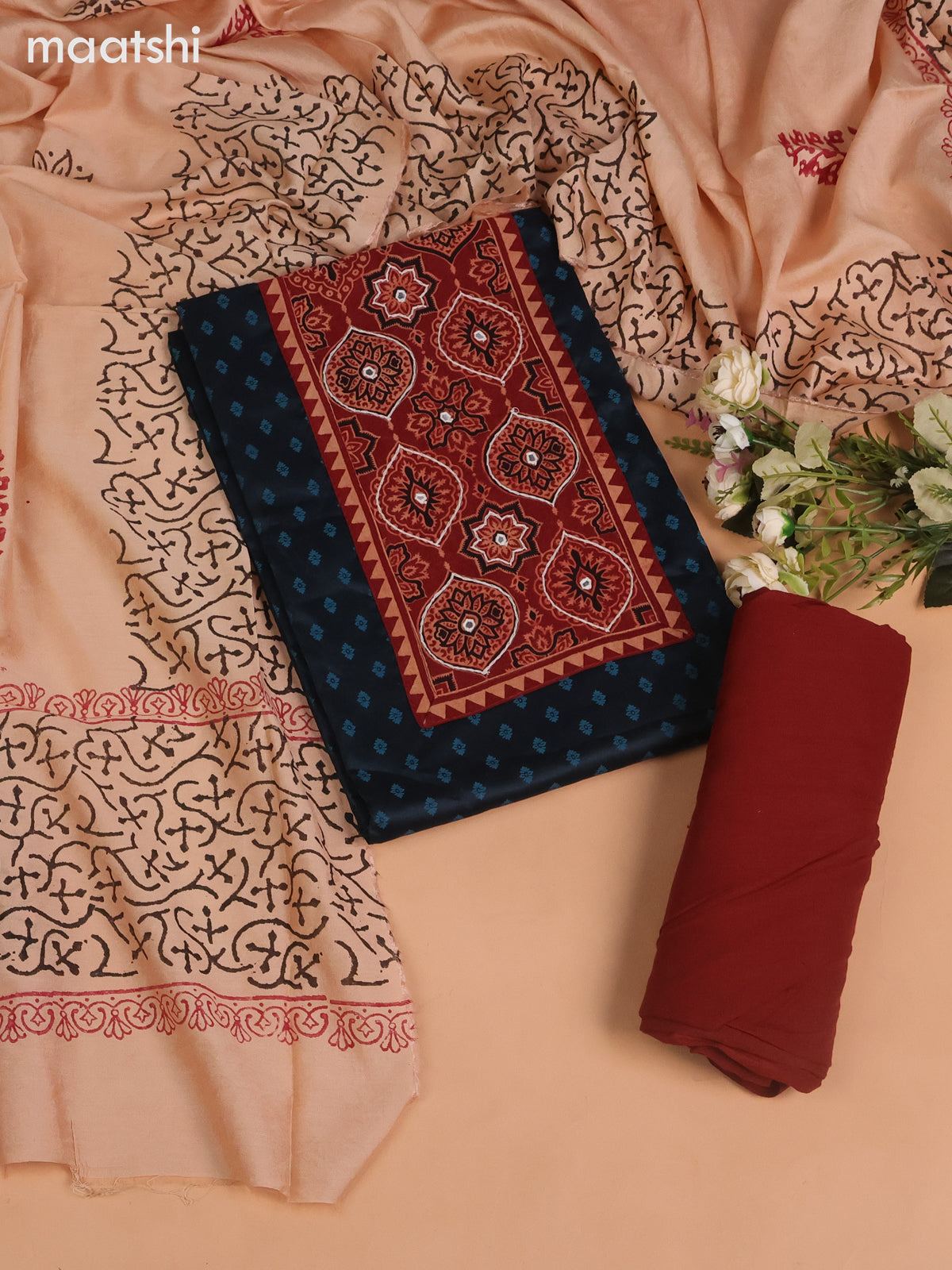 Cotton dress material dark peacock blue and maroon with allover buttas prints & ajrakh patch work neck pattern and bottom & dupatta
