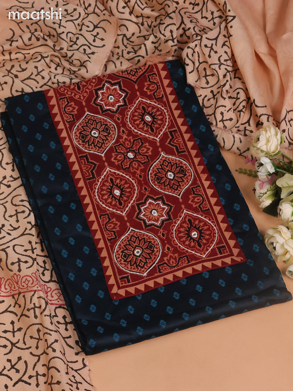 Cotton dress material dark peacock blue and maroon with allover buttas prints & ajrakh patch work neck pattern and bottom & dupatta