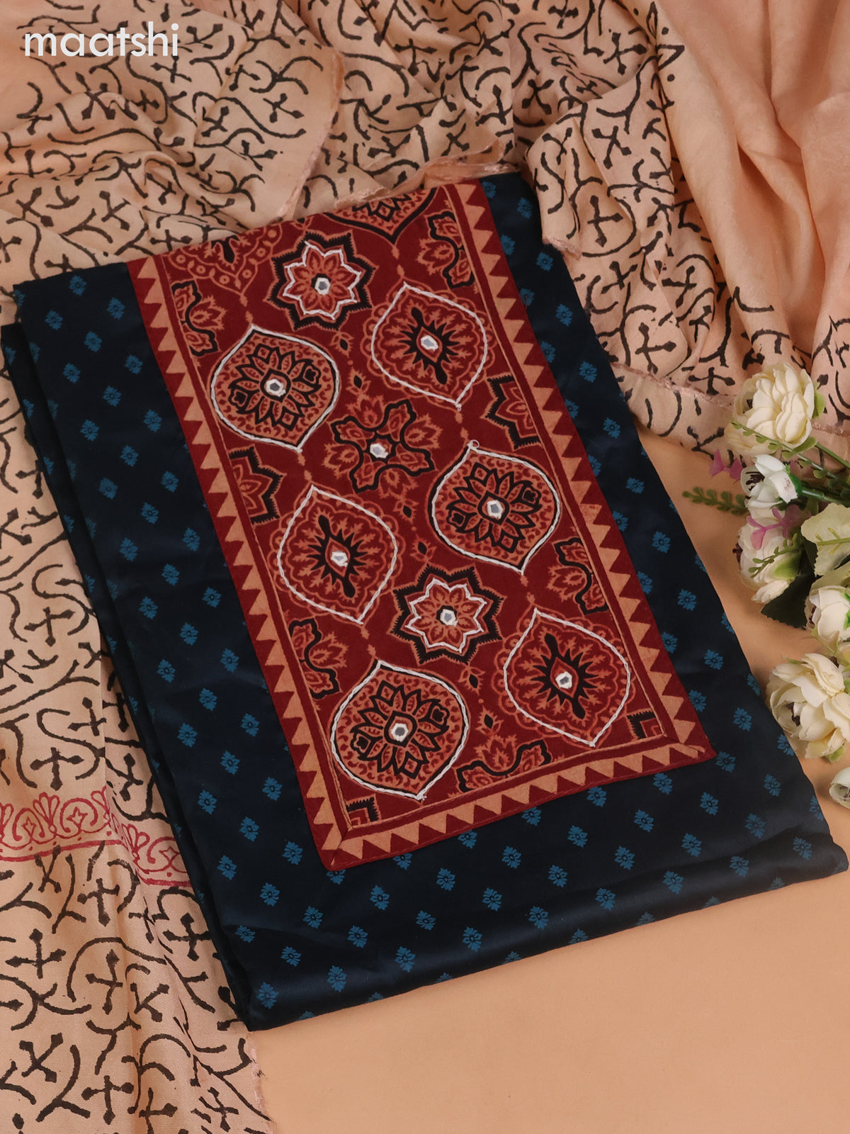Cotton dress material dark peacock blue and maroon with allover buttas prints & ajrakh patch work neck pattern and bottom & dupatta