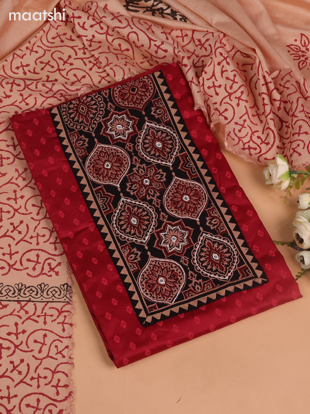 Cotton dress material kumkum red and black with allover buttas prints & ajrakh patch work neck pattern and bottom & dupatta