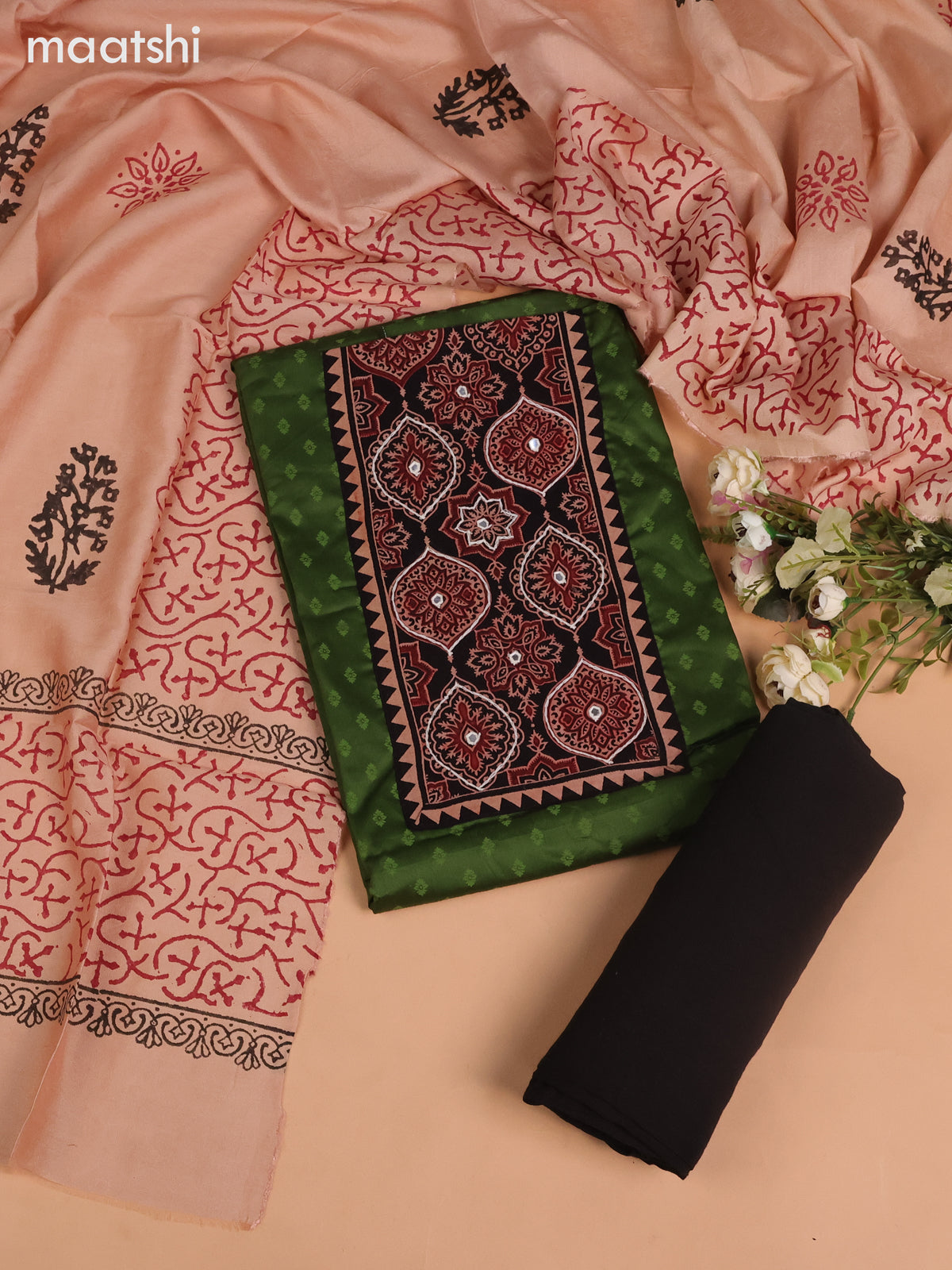 Cotton dress material green and black with allover buttas prints & ajrakh patch work neck pattern and bottom & dupatta