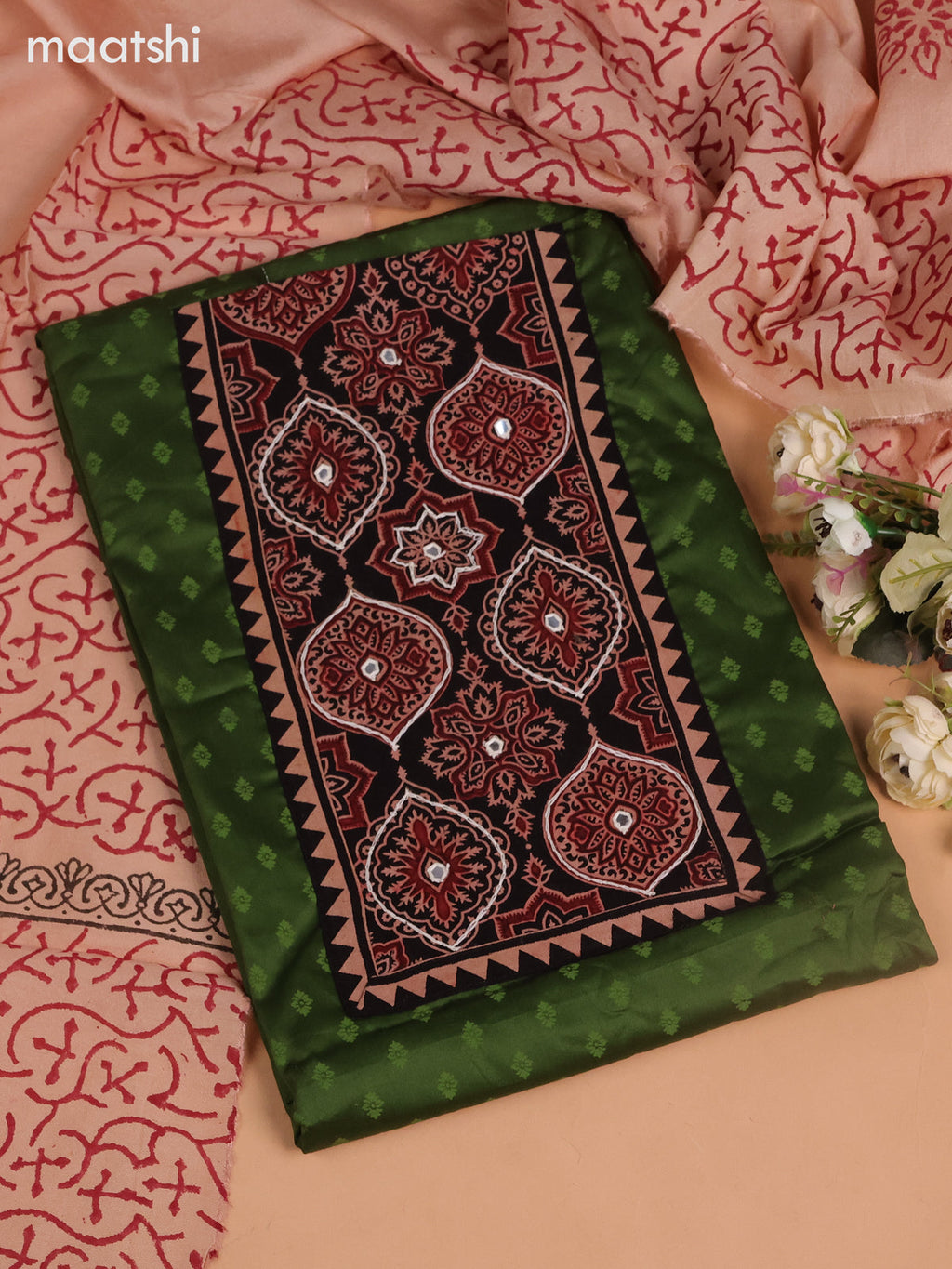 Cotton dress material green and black with allover buttas prints & ajrakh patch work neck pattern and bottom & dupatta