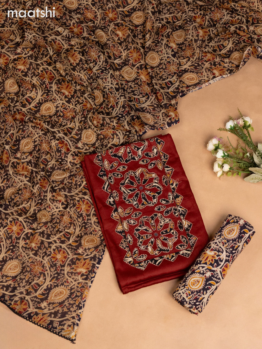 Cotton dress material dark brown with kalamkari prints & patch work neck pattern and bottom & kalamkari dupatta