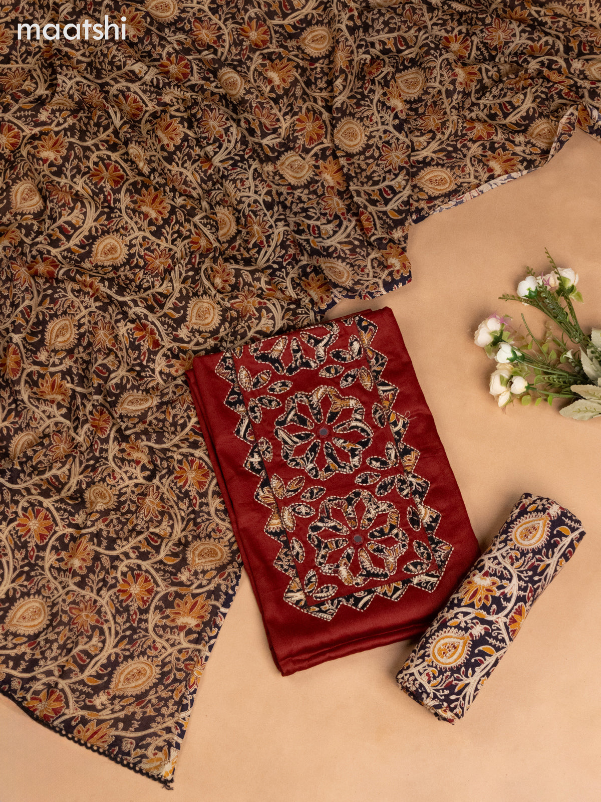 Cotton dress material dark brown with kalamkari prints & patch work neck pattern and bottom & kalamkari dupatta