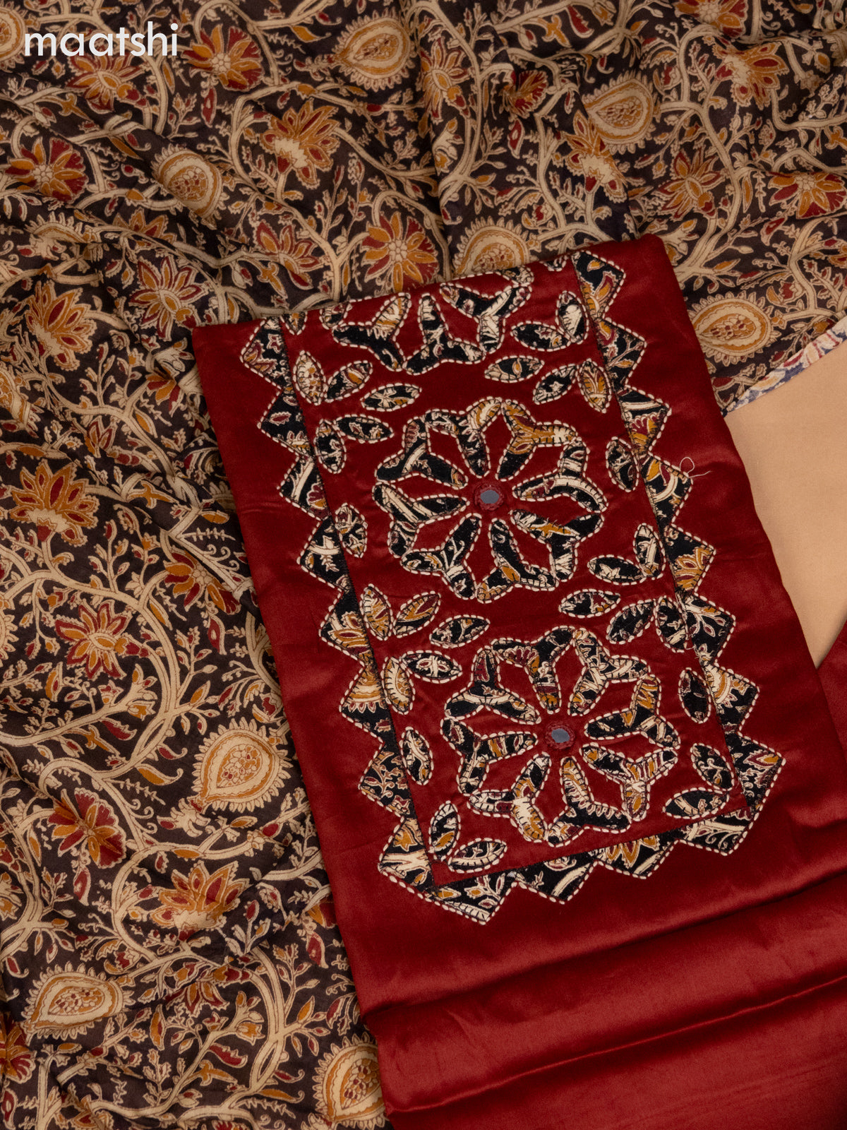 Cotton dress material dark brown with kalamkari prints & patch work neck pattern and bottom & kalamkari dupatta