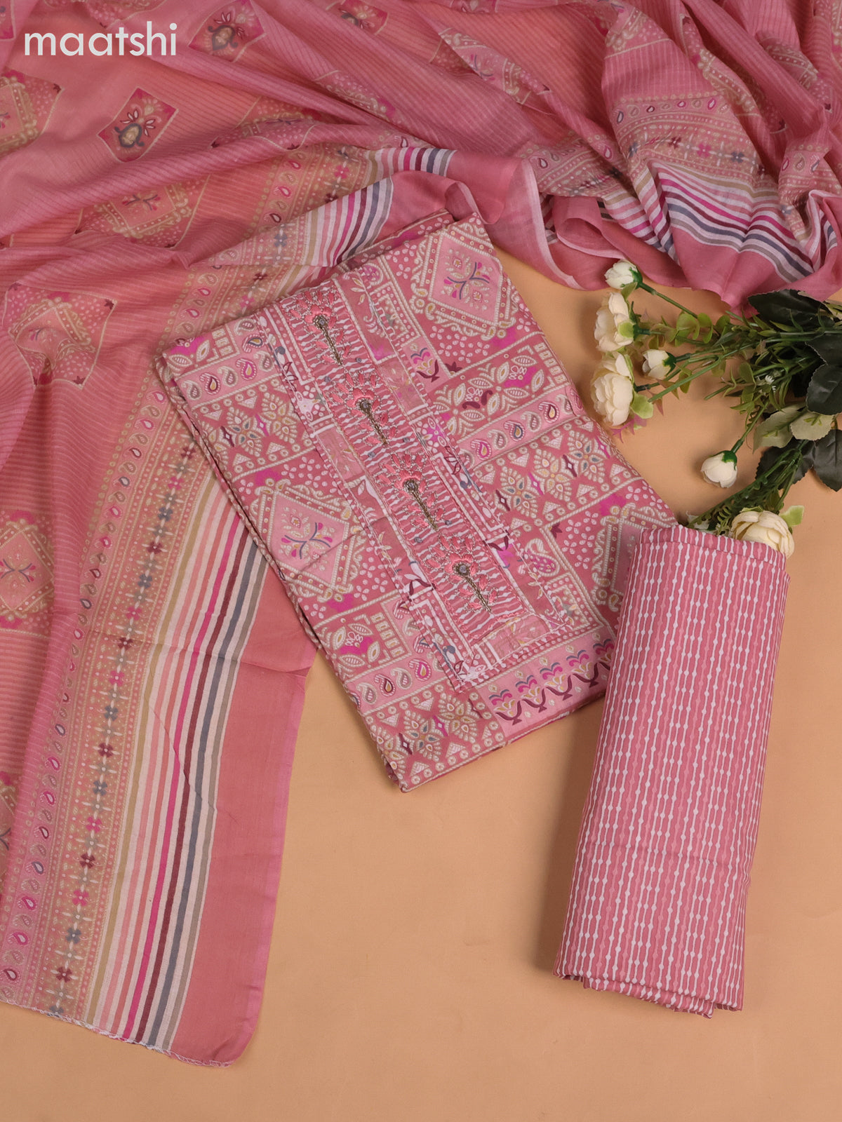 Cotton dress material peach pink shade with allover prints & beaded embroidery work neck pattern and bottom & dupatta