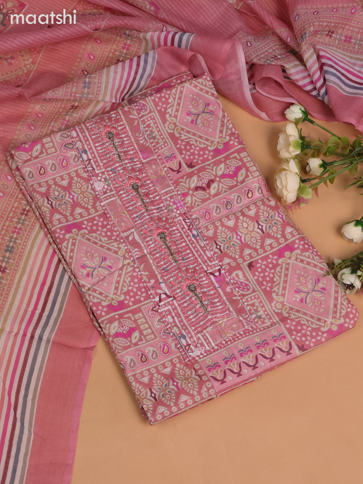 Cotton dress material peach pink shade with allover prints & beaded embroidery work neck pattern and bottom & dupatta