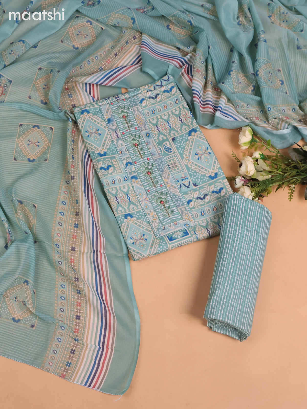 Cotton dress material pastel blue with allover prints & beaded embroidery work neck pattern and bottom & dupatta