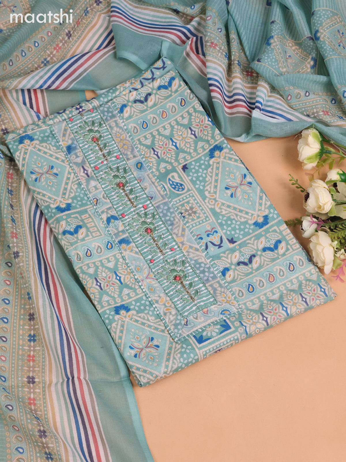 Cotton dress material pastel blue with allover prints & beaded embroidery work neck pattern and bottom & dupatta