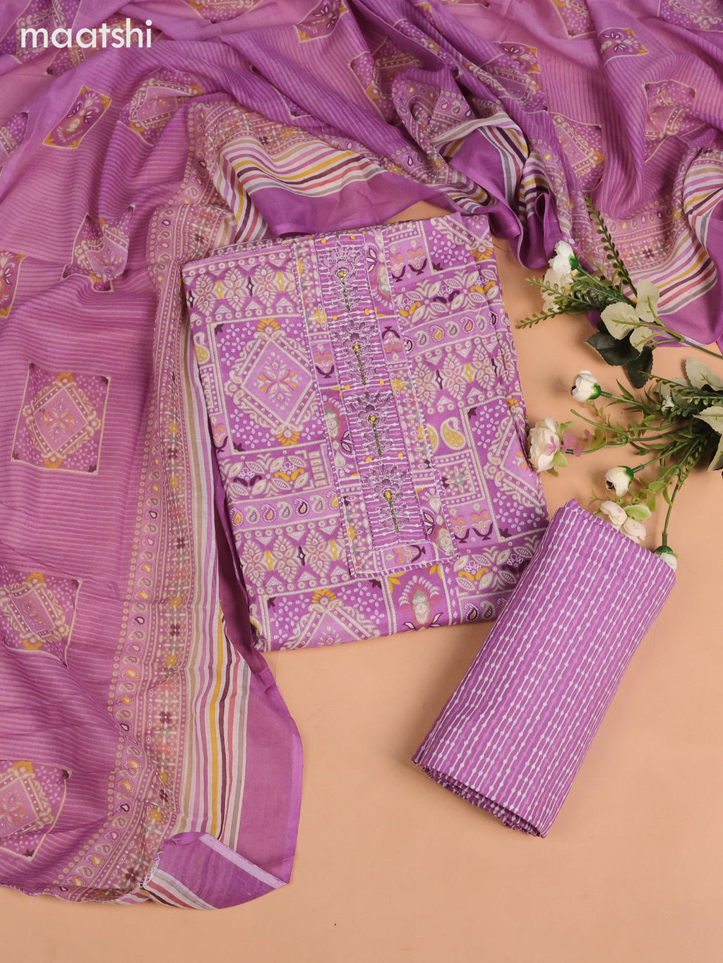 Cotton dress material lavender with allover prints & beaded embroidery work neck pattern and bottom & dupatta