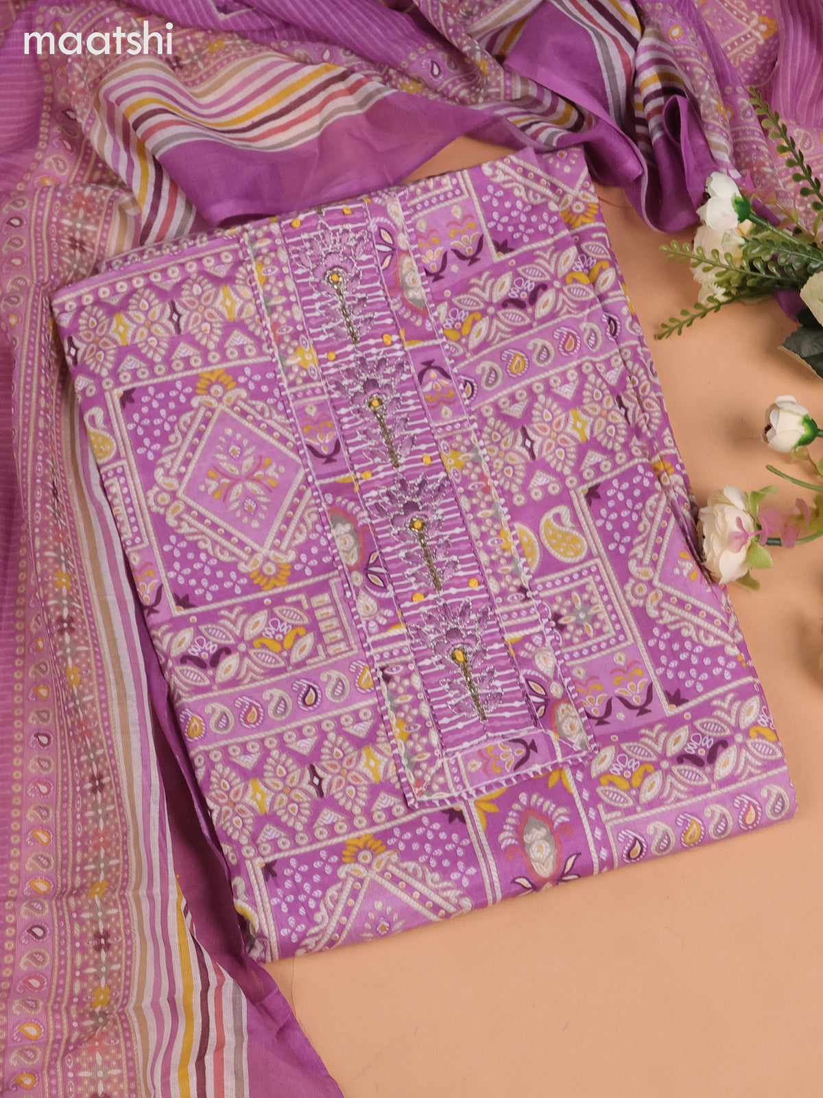 Cotton dress material lavender with allover prints & beaded embroidery work neck pattern and bottom & dupatta