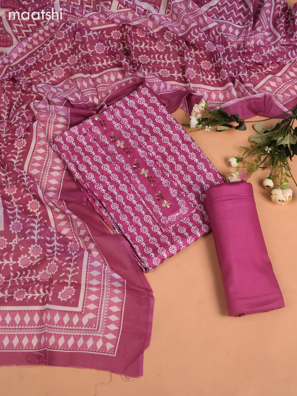 Cotton dress material pastel magenta and off white with allover batik prints & embroidery work neck pattern and bottom & dupatta