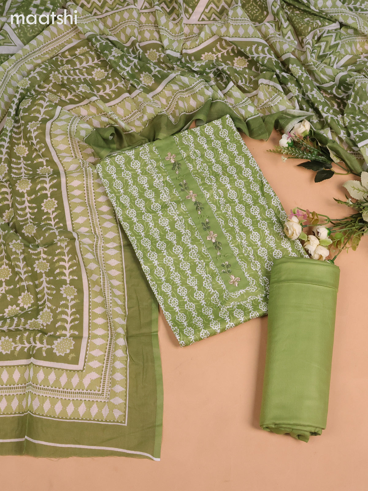 Cotton dress material green shade and off white with allover batik prints & embroidery work neck pattern and bottom & dupatta