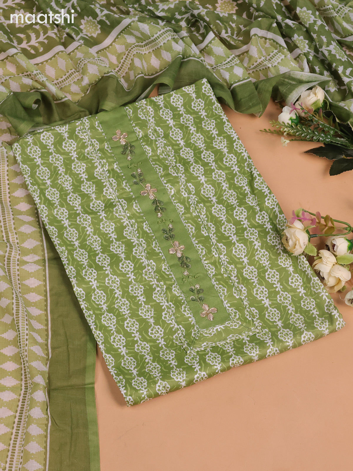 Cotton dress material green shade and off white with allover batik prints & embroidery work neck pattern and bottom & dupatta